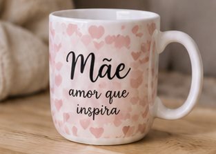 Caneca branca personalizada com corações e a palavra Mãe