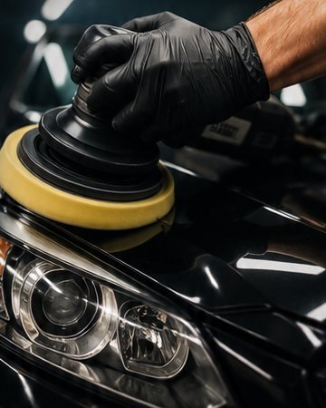 Politriz com boina amarela polindo o farol de um carro preto