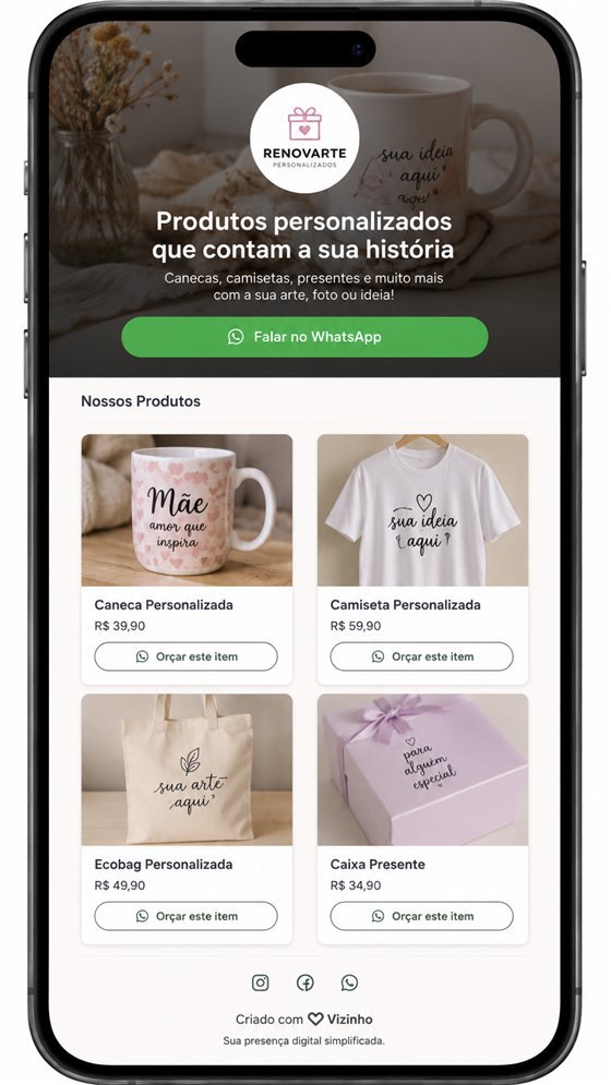 Prévia do Catálogo de Produtos: celular exibindo a página clara da Renovarte com produtos personalizados e preços