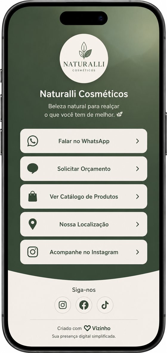 Prévia da Página de Links e Atendimento: celular exibindo a página verde da Naturalli com botões de contato empilhados
