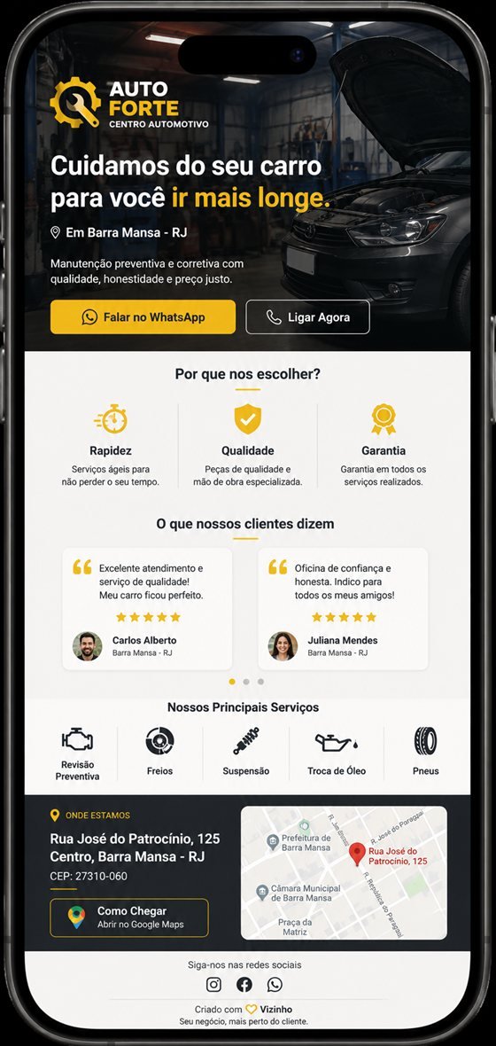 Prévia da Página Institucional: celular exibindo a página da Auto Forte com serviços, avaliações e endereço