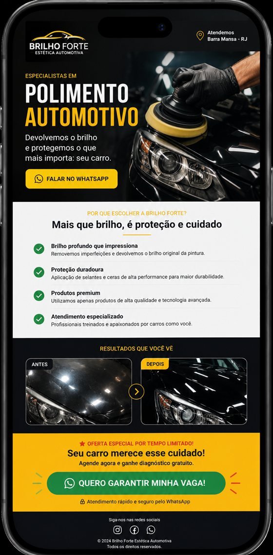 Prévia da Página de Oferta: celular exibindo a página escura da Brilho Forte com oferta de polimento em destaque